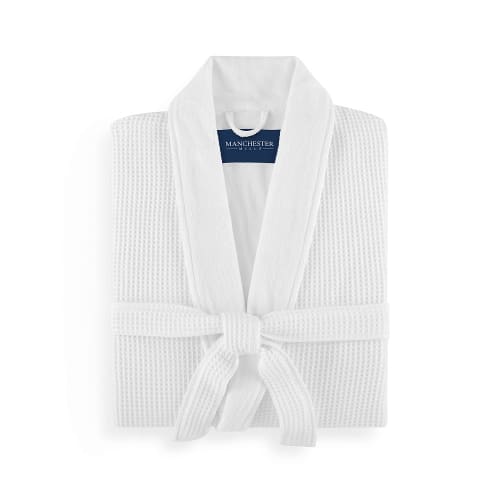 Waffle Weave Shawl Collar Robe with French Terry Lining, 50"L, White with White Piping